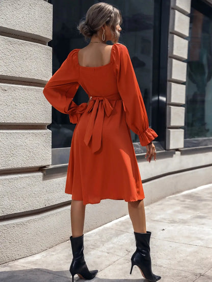 Square Neck Flounce Sleeve Midi Dress