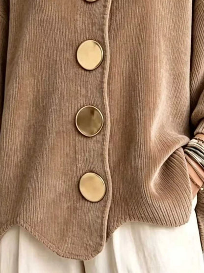 Plus Size Ribbed Knit Cardigan with Gold Buttons & Pockets