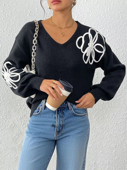 Flower V-Neck Dropped Shoulder Sweater