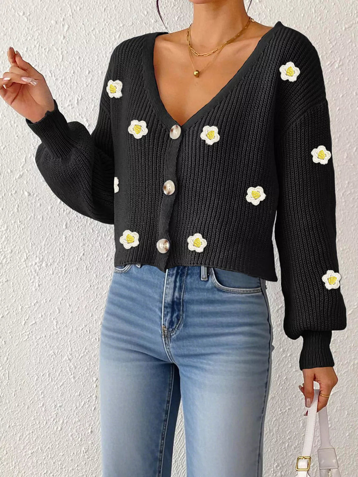 Floral V-Neck Button-Down Cropped Cardigan