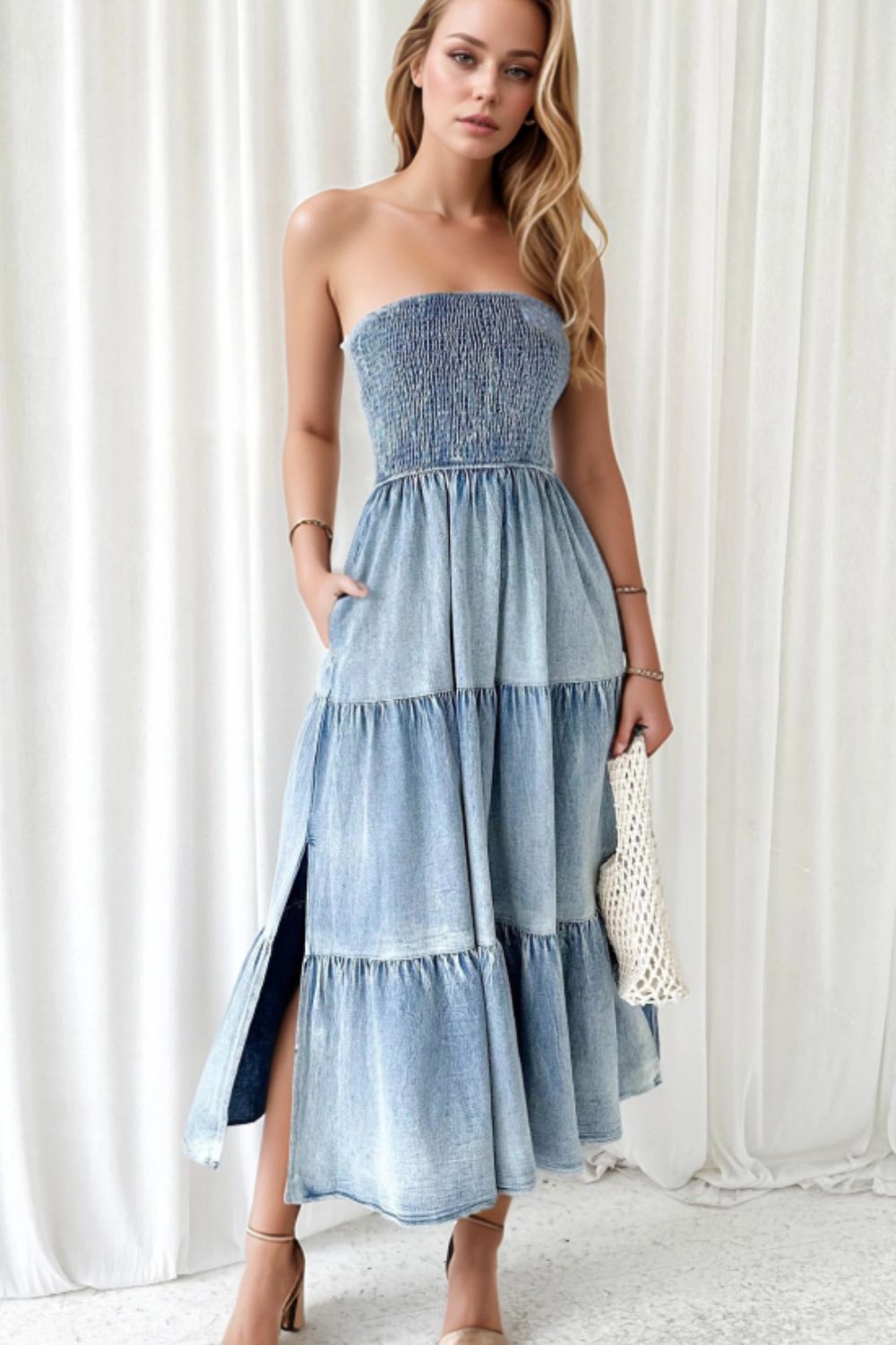 Slit Tiered Denim Dress