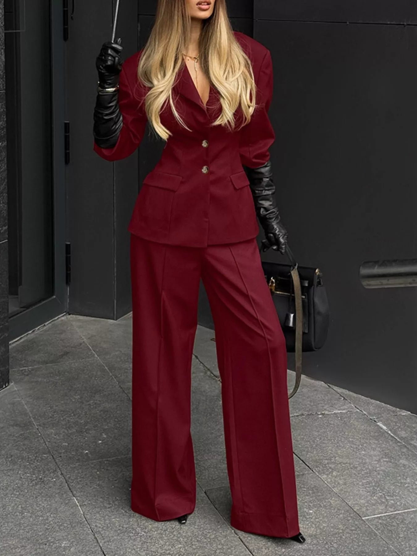 Lapel Collar Blazer and Wide-Leg Pants Set