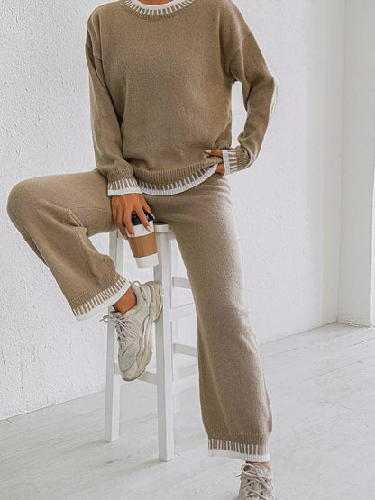 Contrast Trim Crew Neck Sweater and Pants Set