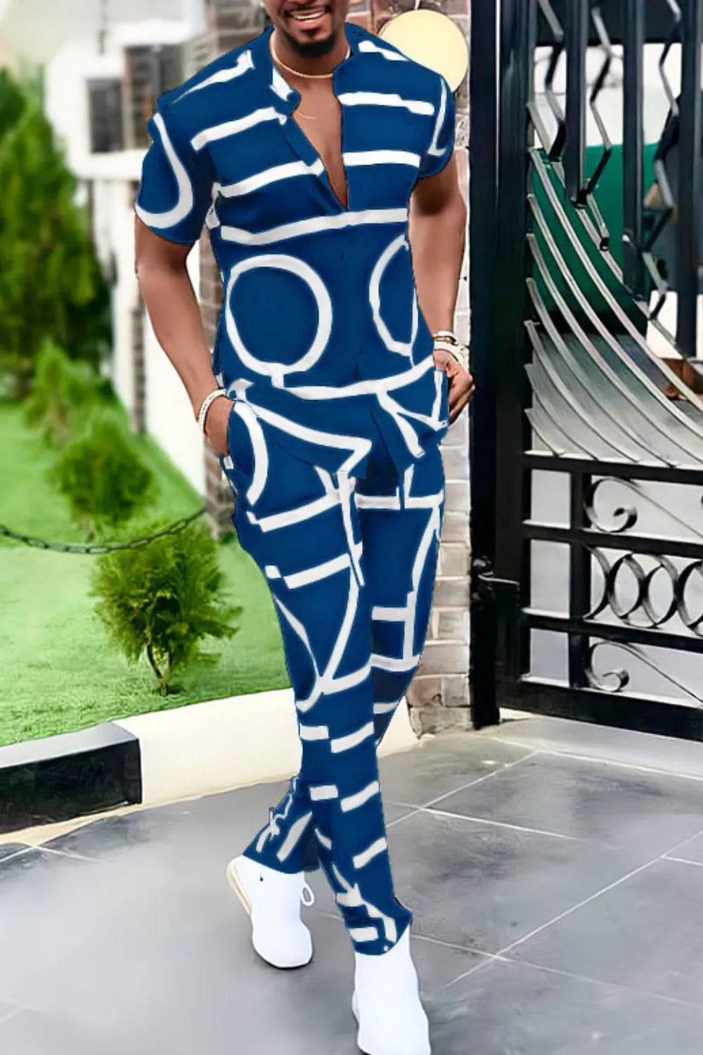 Men's Geo Print Short Sleeve Top and Pants Set