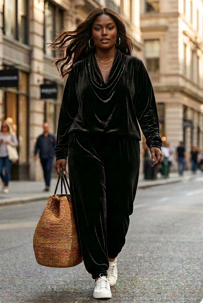 Plus size velvet cowl neck set, view 2