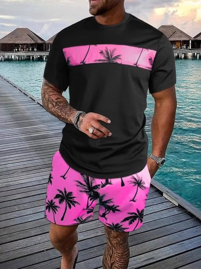 Men's Full Size Tropical Palm Tree Tee and Shorts Set Plus Size