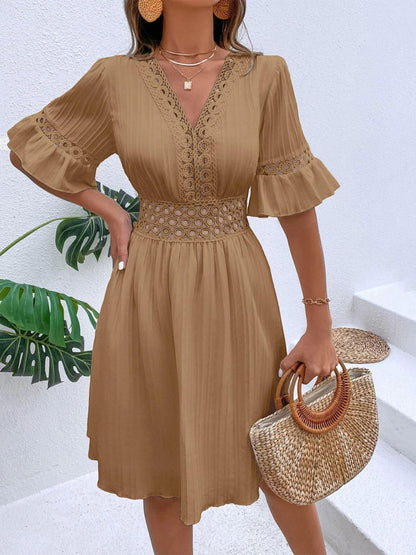 V-Neck Flounce Sleeve Mini Dress