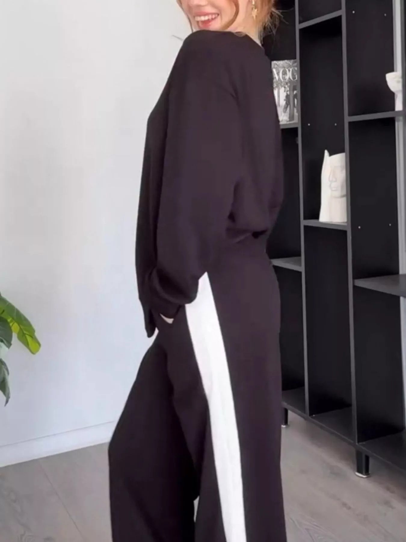 Full Size Contrast Top and Pants Set