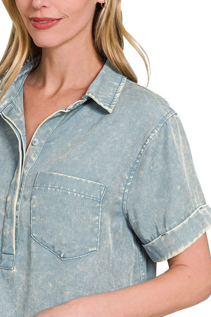 Mineral Washed Collared Shirt Dress