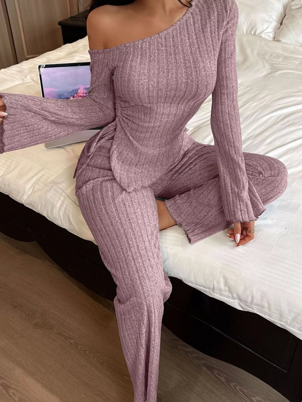 One-Shoulder Ribbed Knit Top and Pants Set