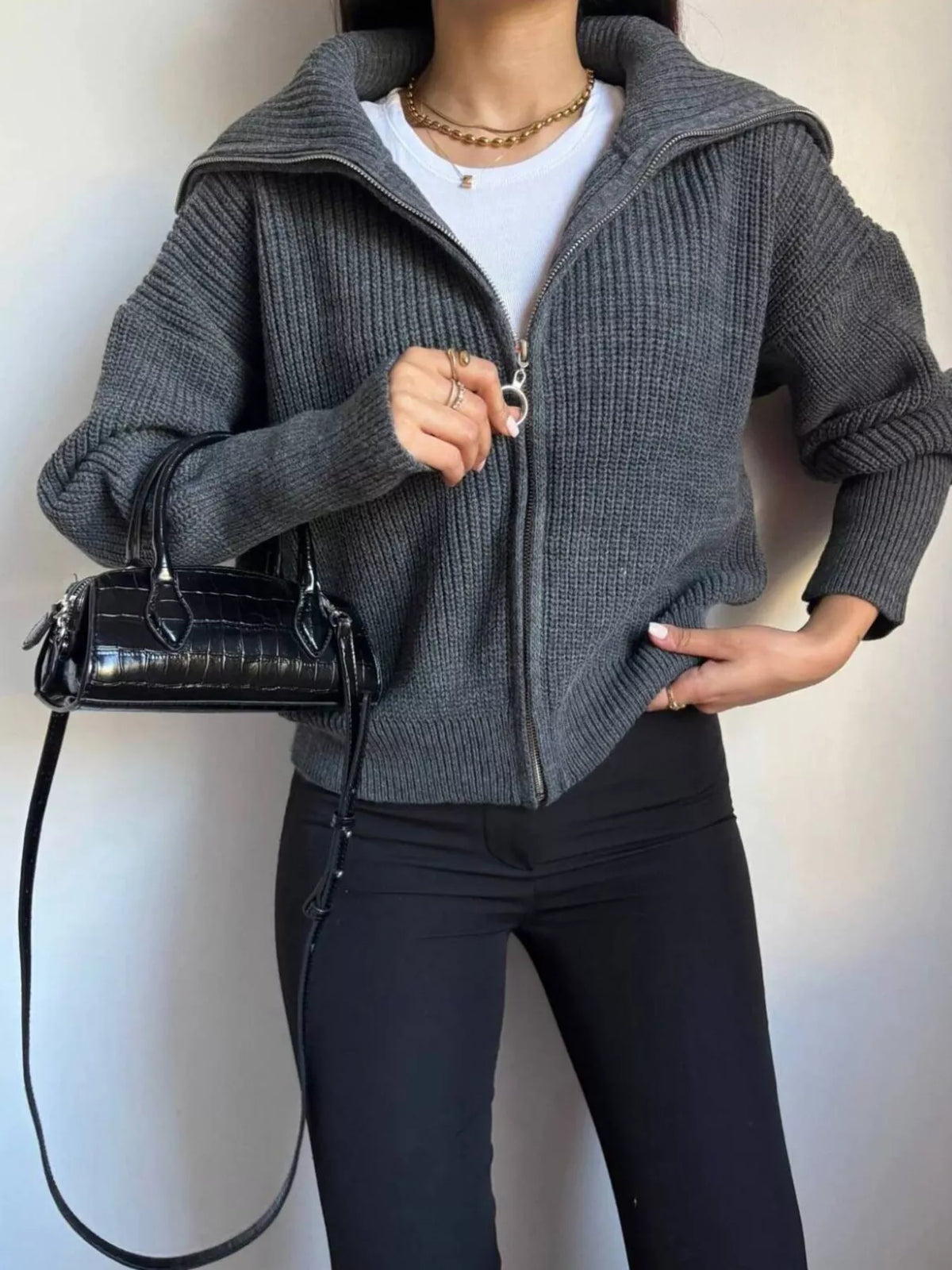 Zip Up Dropped Shoulder Cardigan