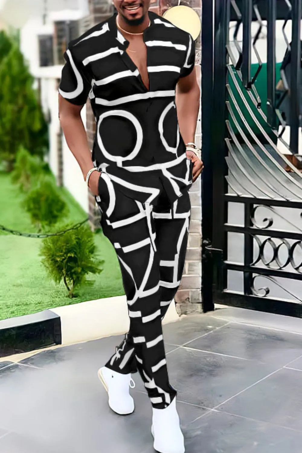 Men's Geo Print Short Sleeve Top and Pants Set