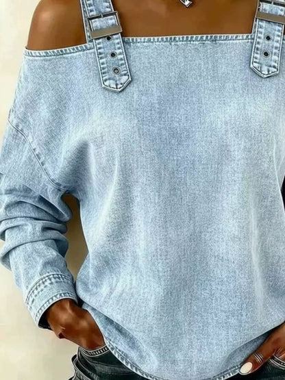 Full Size Buckle Strap Long Sleeve Denim Top Plus Size