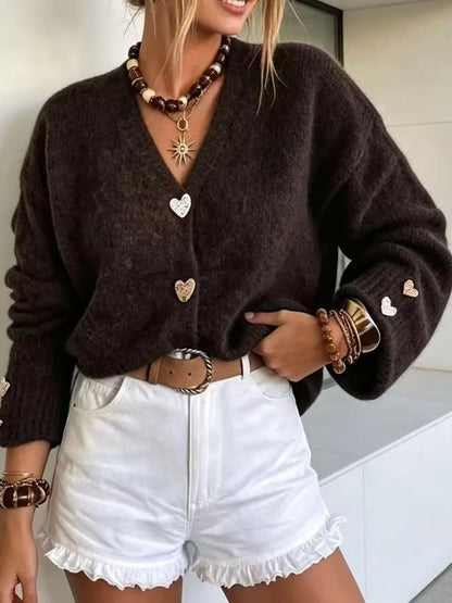 V-neck heart button cardigan, view 4