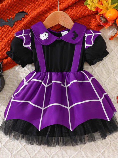Children's Halloween Spiderweb Print Peter Pan Collar Dress