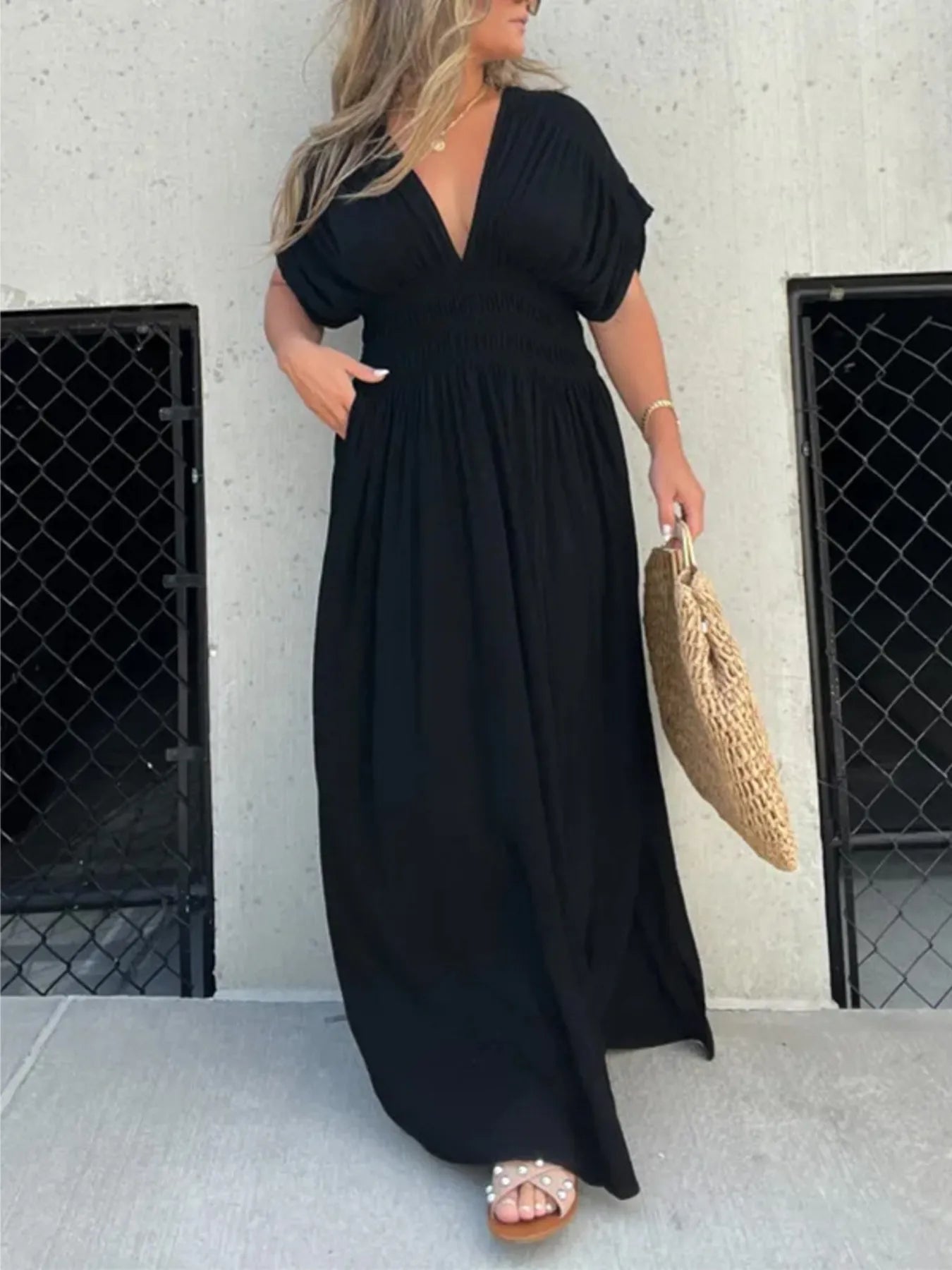 Full Size Deep V-Neck Maxi Dress with Side Slit