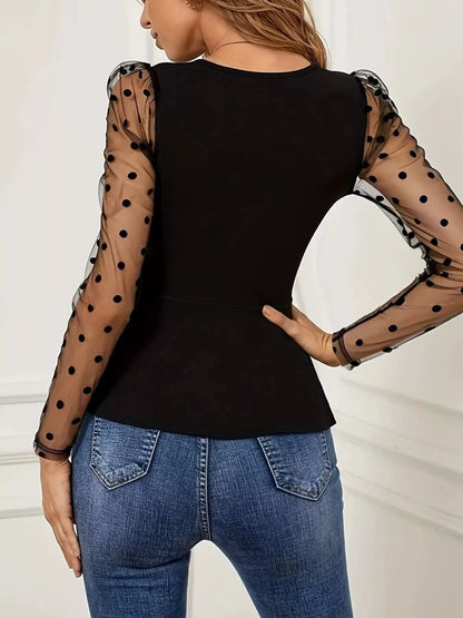 Polka Dot Mesh Sleeve Wrap Top