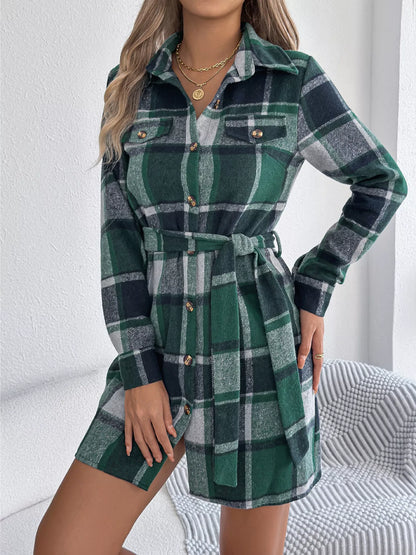 Plaid Button Front Tie Waist Shirt Dress