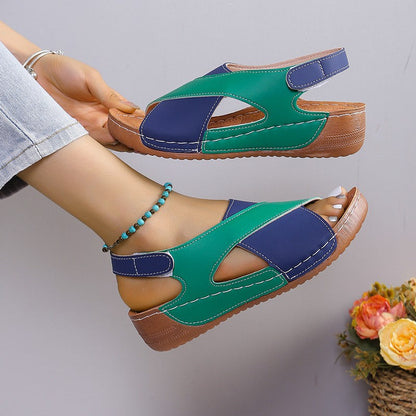 Crisscross wedge sandals in blue and green