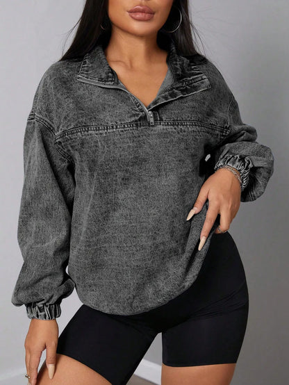 Elastic Hem Quarter Zip Denim Top