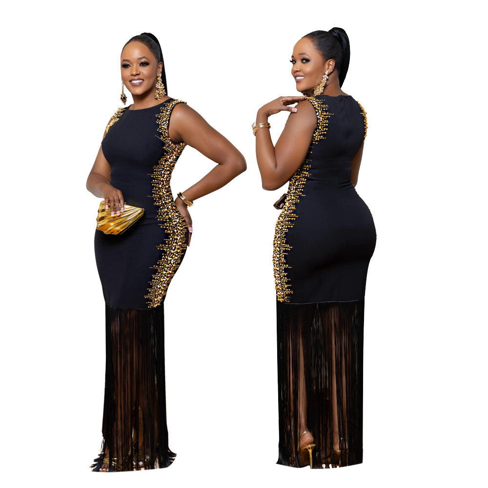 Hot stamping sleeveless fringe long dress