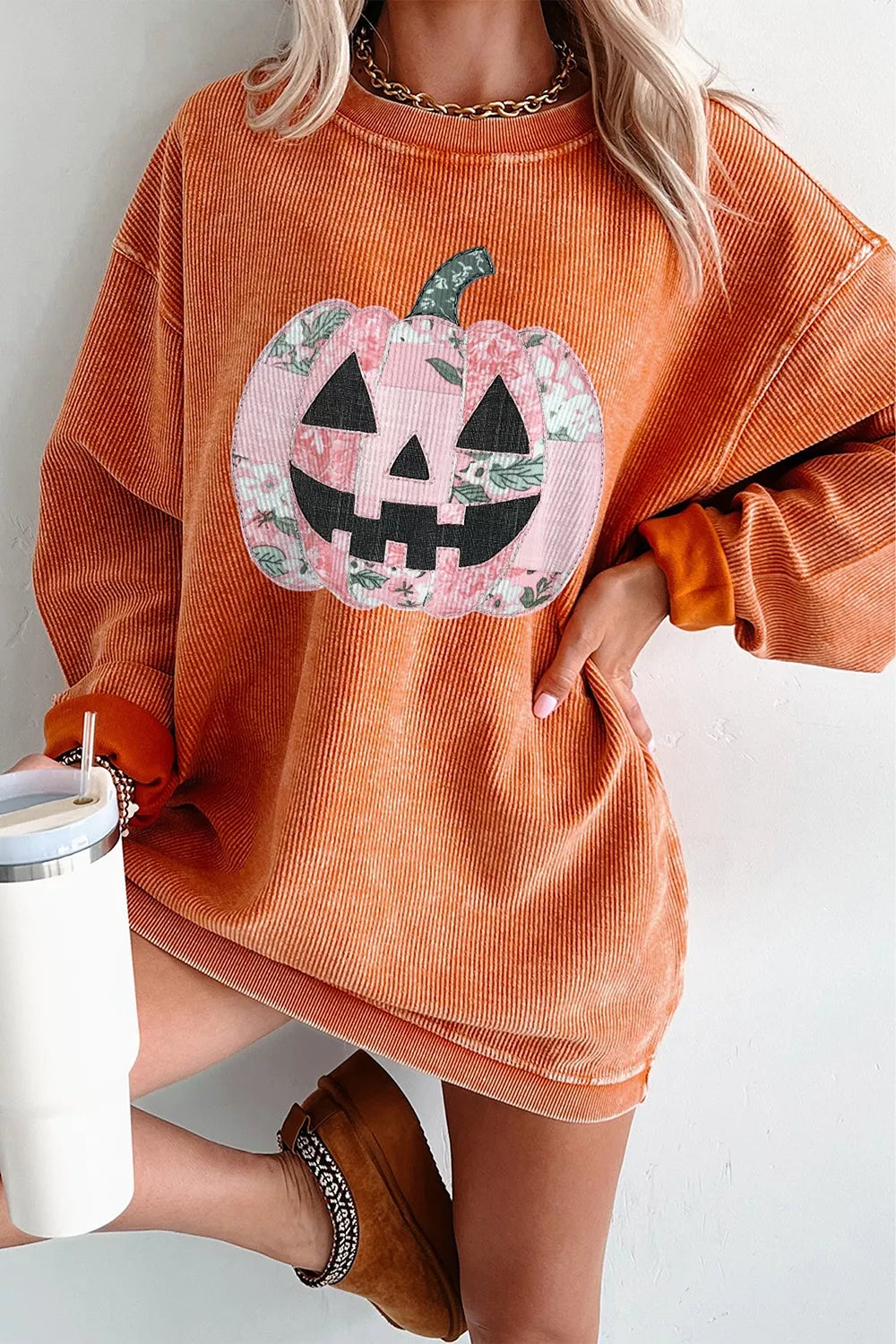 Patchwork Pumpkin Ribbed Round Neck