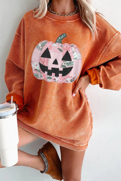 Patchwork Pumpkin Ribbed Round Neck