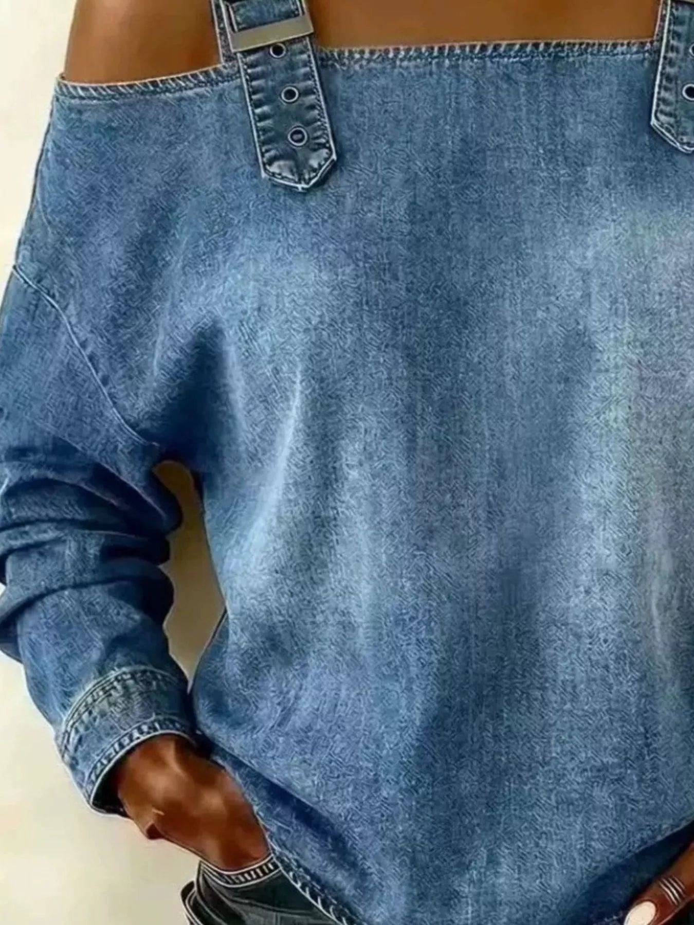 Full Size Buckle Strap Long Sleeve Denim Top Plus Size