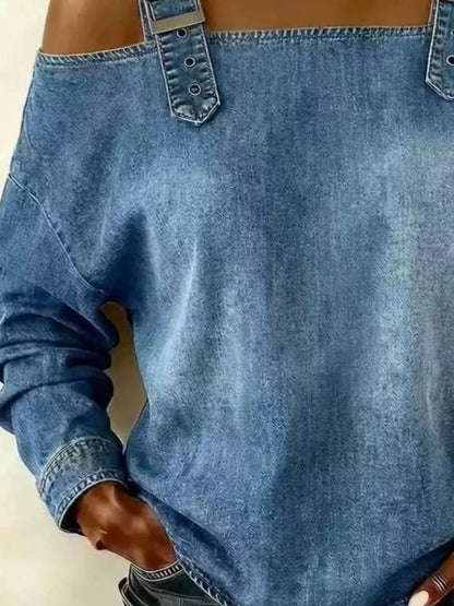 Full Size Buckle Strap Long Sleeve Denim Top Plus Size
