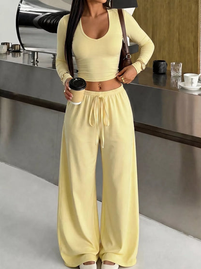 Plus size yellow crop top & drawstring wide-leg set