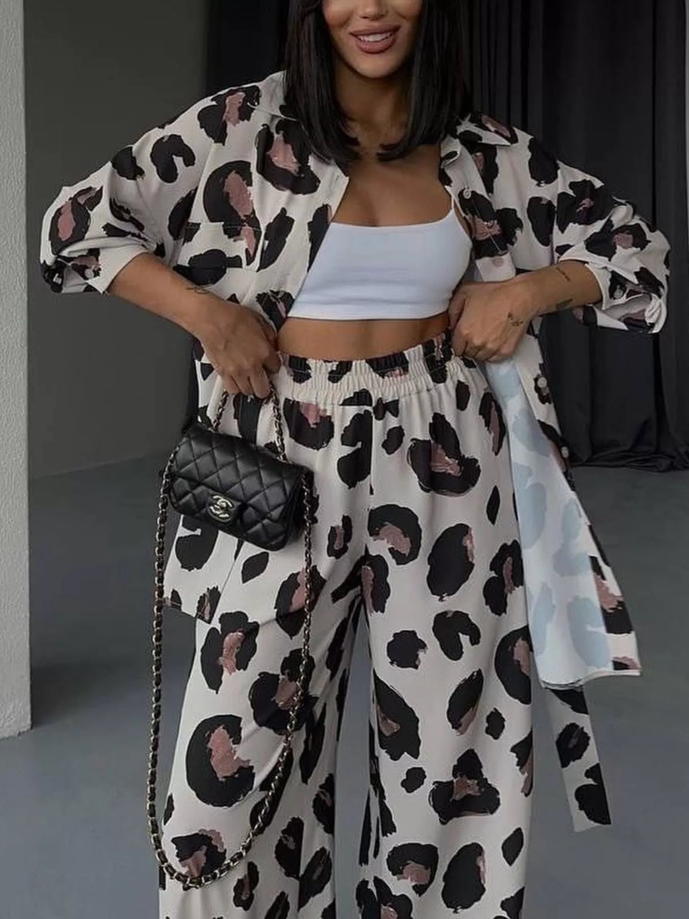 Leopard Print Relaxed Fit Shirt and Pants Two-Piece Set
