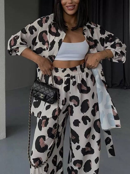 Leopard Print Relaxed Fit Shirt and Pants Two-Piece Set