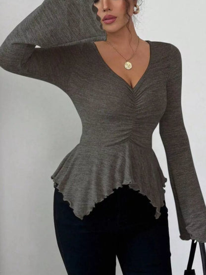 Ruched Flared Sleeves Peplum Top