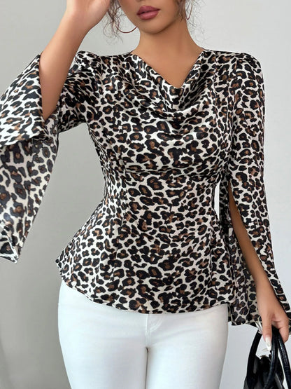Leopard Print Slit Sleeve Blouse