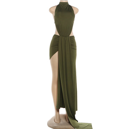 Hanging neck tie solid color exposed backpack hip dress