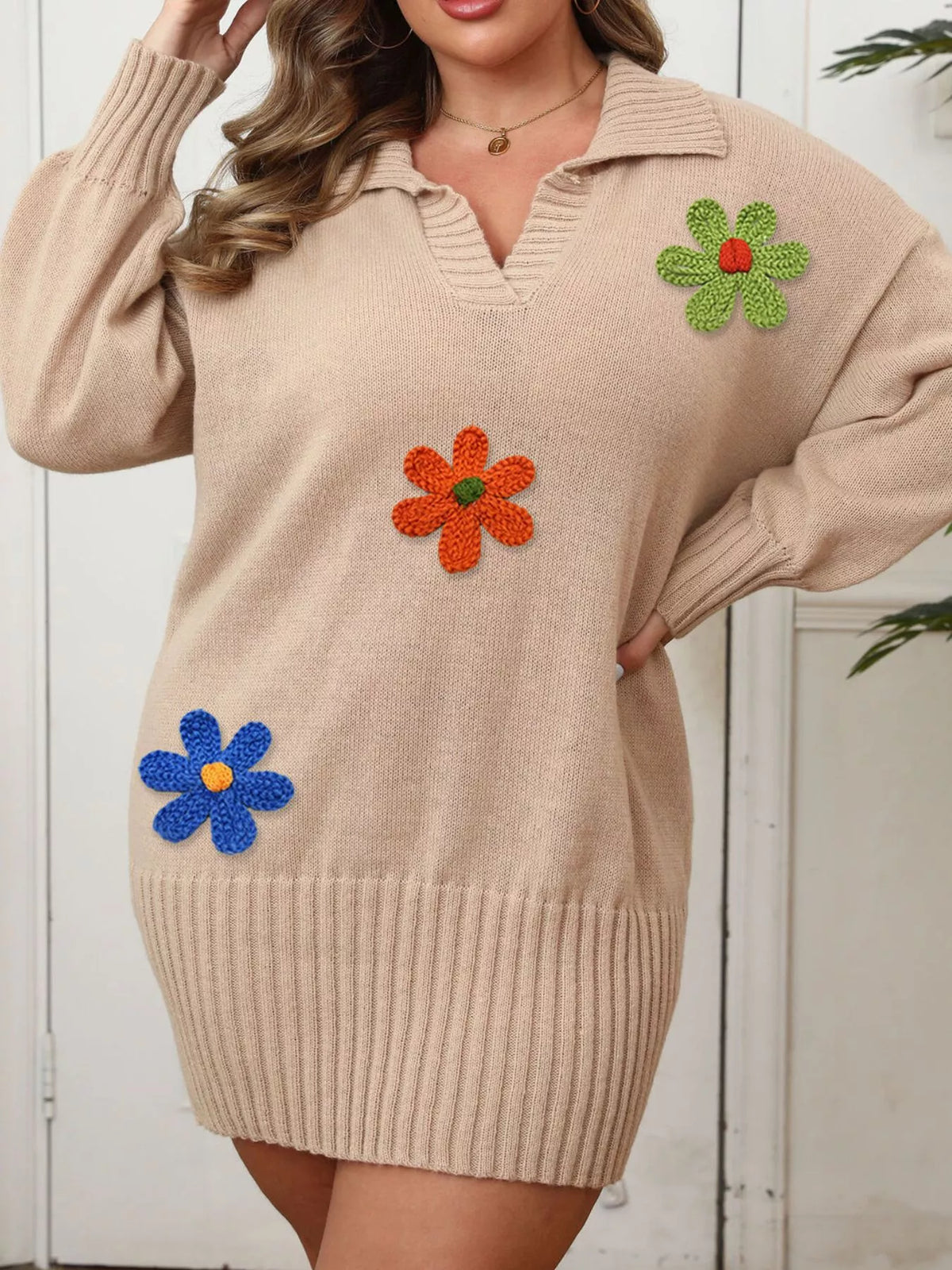 Plus Size Floral Applique Ribbed Hem Sweater Dress