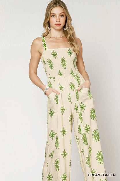 Smocked Printed Wide Leg Jumpsuit