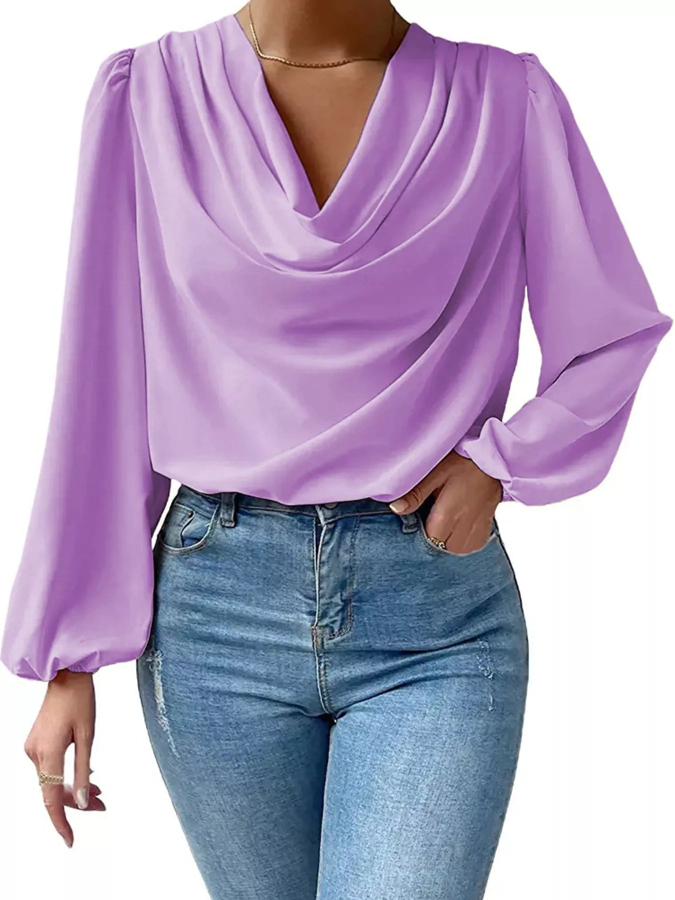 Full Size Cowl Neck Balloon Sleeve Blouse