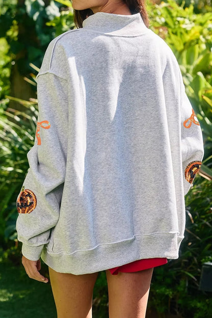 Sequin Pumpkin Face Bow Exposed Seam Halloween Sweatshirt