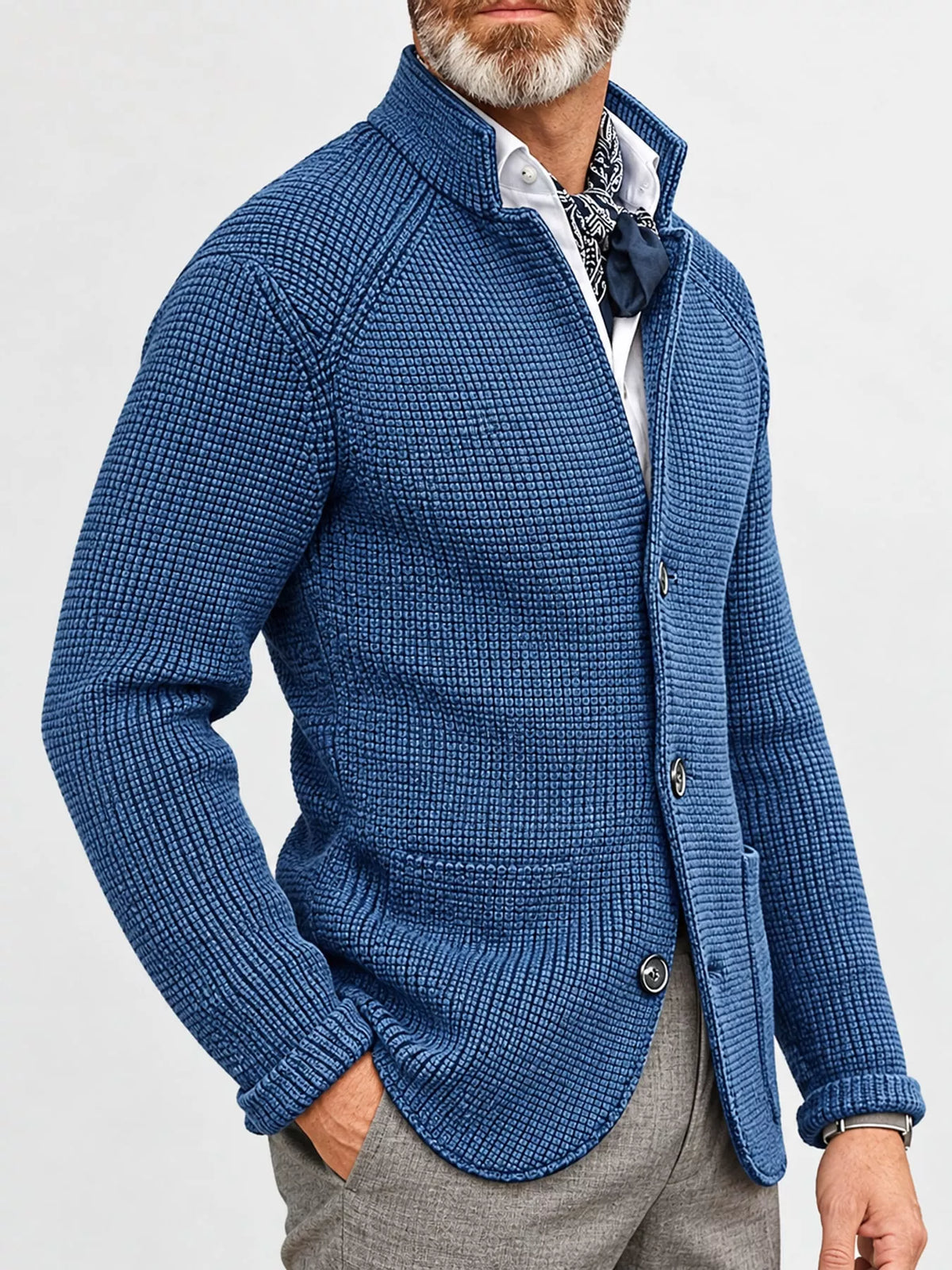 Men's knit stand-collar cardigan, view 2