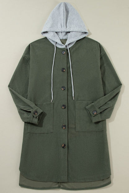 Drawstring Button Up Hooded Jacket