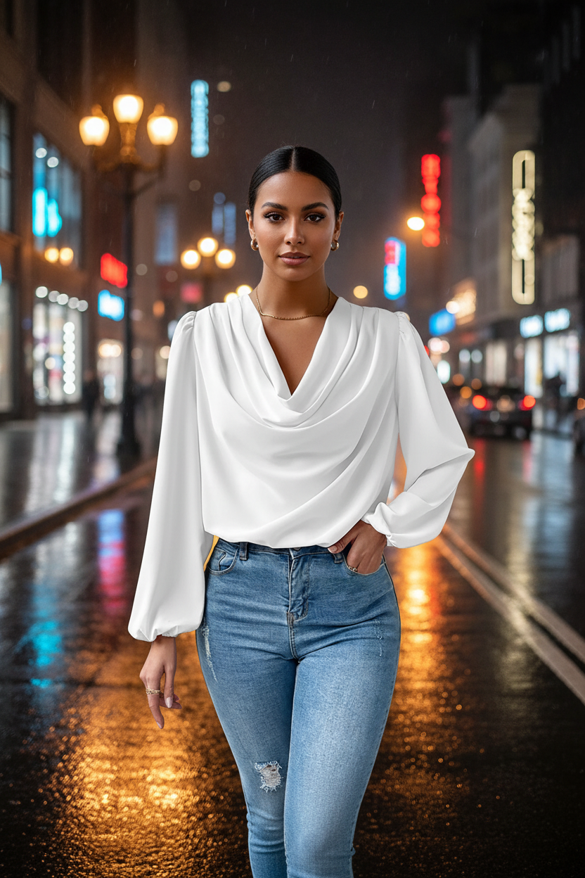 Full Size Cowl Neck Balloon Sleeve Blouse