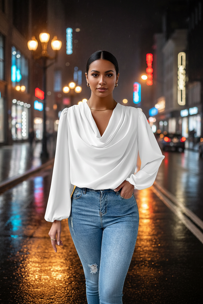 Full Size Cowl Neck Balloon Sleeve Blouse