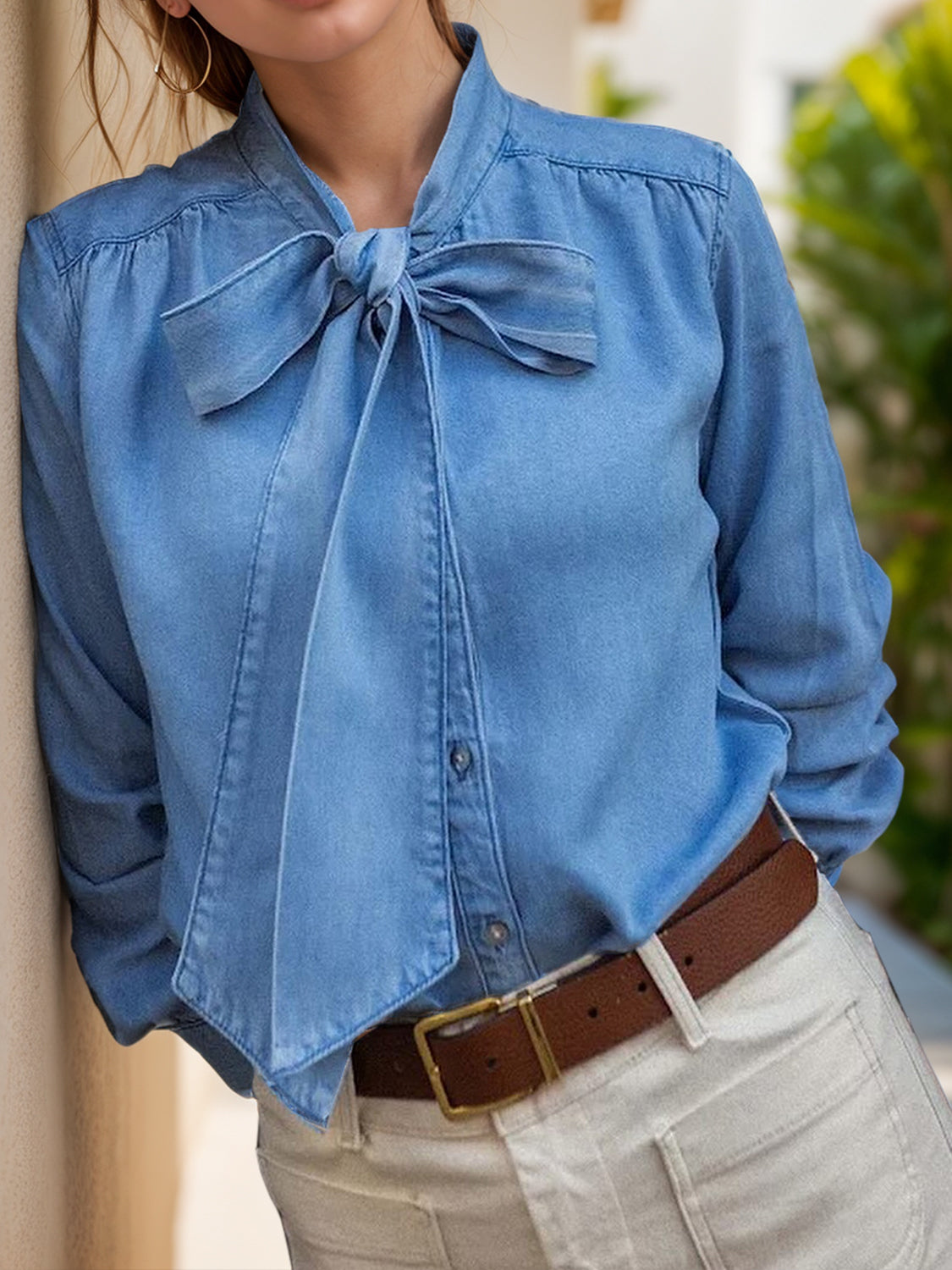 Tie Neck Long Sleeve Denim Top - MONLANE