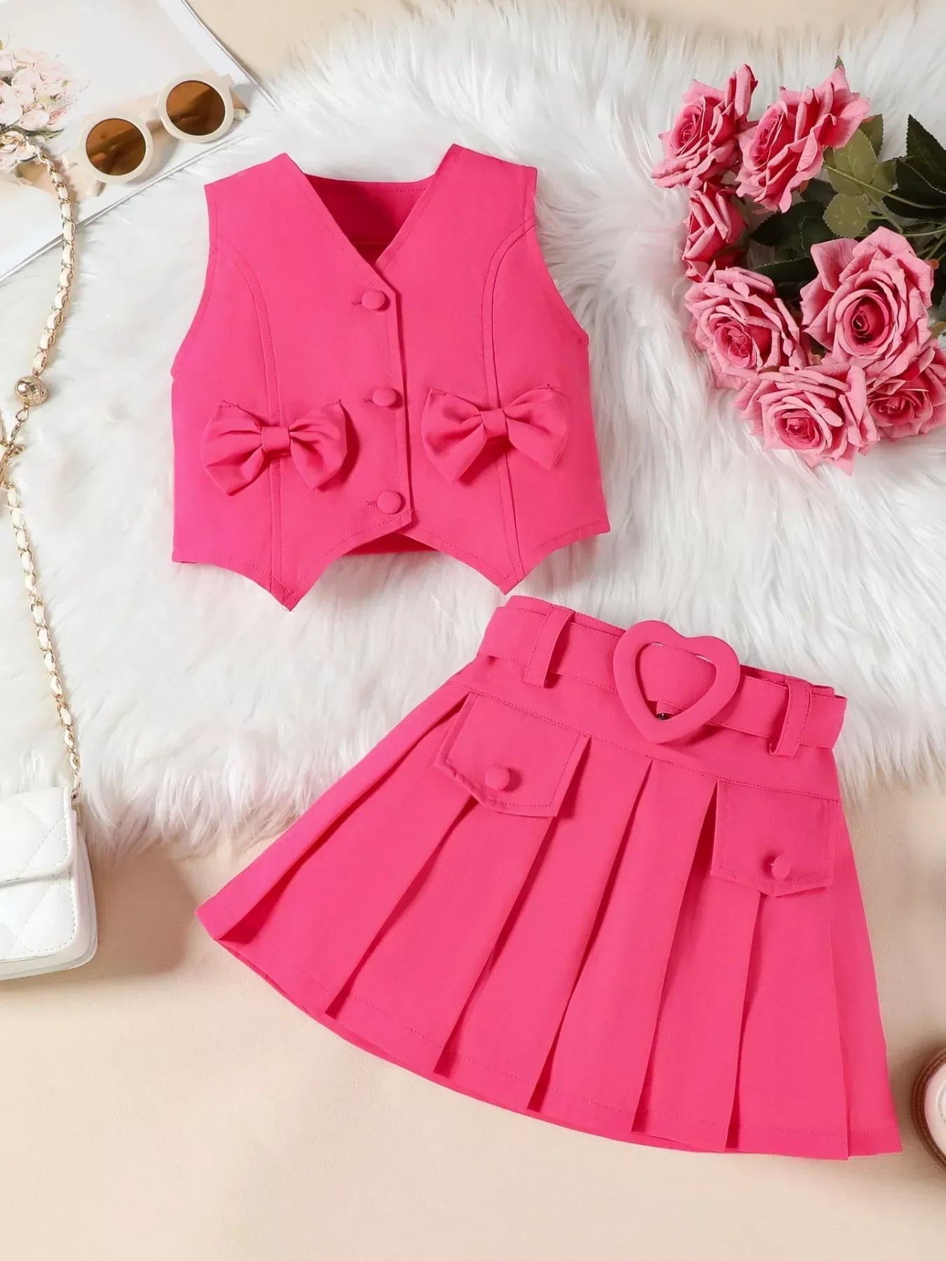 Children's Bowknot Vest & Pleated Skirt Set