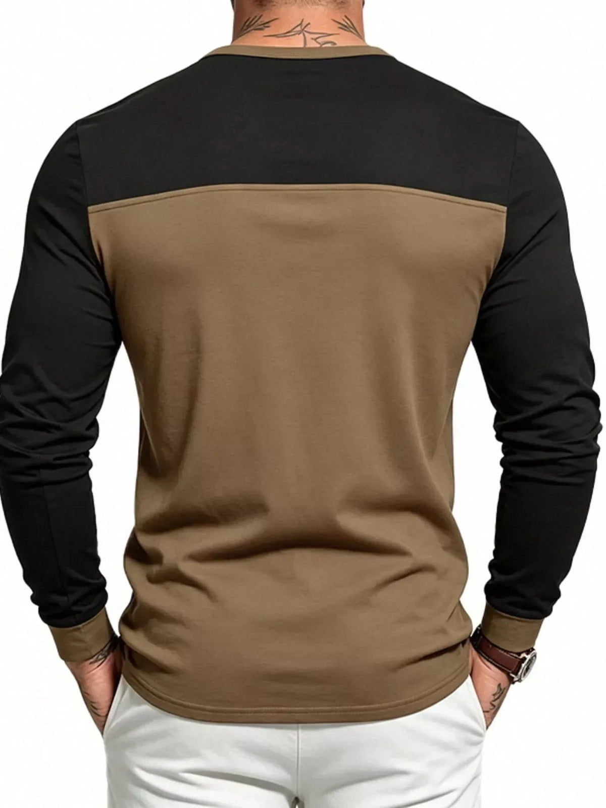 Men's Full Size Color-Block Long Sleeve Henley T-Shirt Plus Size
