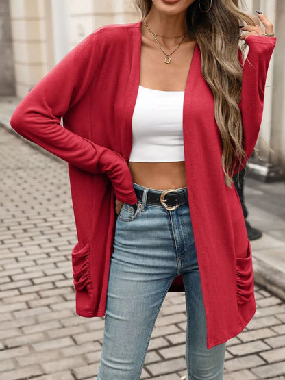 Ruched Pocket Open Front Cardigan