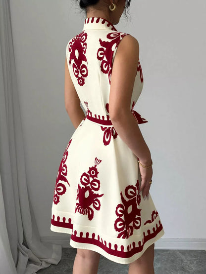 Sleeveless Ruched Printed Tie Waist Dress