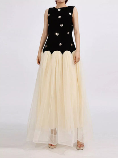 Contrast Flower Sleeveless Tulle Maxi Dress