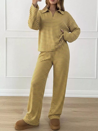 Women's striped polo top & wide-leg pants set, 7 colors